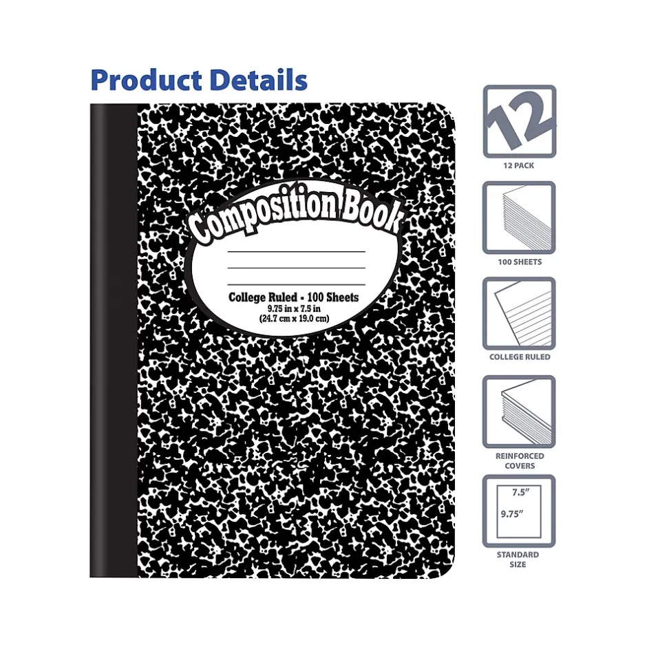 Better Office 1-Subject Composition Notebooks, 7.5" x 9.75", College Ruled, 100 Sheets, Black, 12/Pack (25312-12PK) Discount