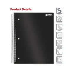 Better Office 5-Subject Subject Notebooks, 8.5" x 11", College Ruled, 200 Sheets, Black (25781) Hot