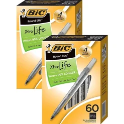 BIC Round Stic Xtra Life Ballpoint Pens, Medium Point, Black, 60/Pack, 2 Packs (GSM609BK-2) Clearance