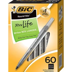 BIC Round Stic Xtra Life Ballpoint Pens, Medium Point, Black, 60/Pack, 2 Packs (GSM609BK-2) Clearance