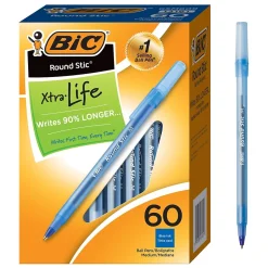 BIC Round Stic Xtra Life Ballpoint Pens, Medium Point, 1.0mm, Blue Ink, 60/Pack (GSM609BE) Online