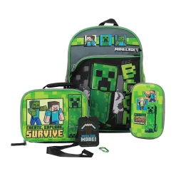 Backpacks<Bioworld Kids' 6-Piece Minecraft Backpack Set, Medium, Green/Black (B1Y68B6MNCSB00)