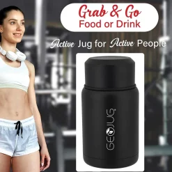 Brentwood Geojug Stainless Steel Double Walled Food Jar with Bowl & Folding Spoon, 17 oz., Black (FTS-500BK)