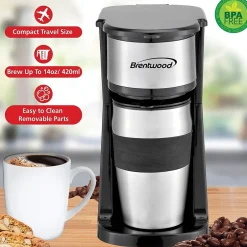 Coffee Makers<Brentwood Portable Single-Serve Coffee Maker with 14-Oz. Travel Mug, Black (TS-113BK)
