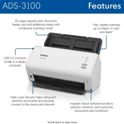 Portable Scanners<Brother ADS3100 Duplex Document Scanner, Black/White