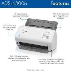 Portable Scanners<Brother ADS-4300N Duplex Document Scanner, Gray
