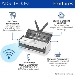 Document Scanners<Brother ADS-1800W Wireless Compact Desktop Document Scanner