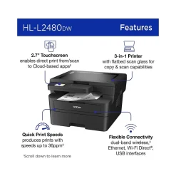 Black & White Printers<Brother HL-L2480DW Compact Wireless Black & White Laser Printer, Copy & Scan, Refresh Subscription Ready