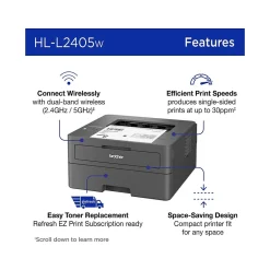 Black & White Printers<Brother HL-L2405W Compact Wireless Black & White Laser Printer, Single-Function, Print, Refresh Subscription Ready