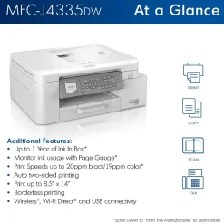 Color Printers<Brother INKvestment Tank MFC-J4335DW Wireless Color Inkjet Printer, All-In-One Supertank, Print, Scan, Copy, Fax