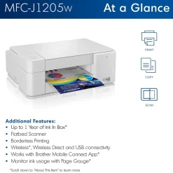 Color Printers<Brother INKvestment Tank MFC-J1205W Wireless Color Inkjet Printer, All-In-One Supertank, Print, Scan, Copy