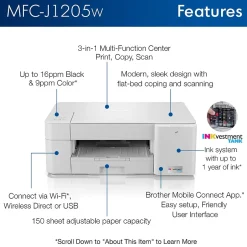 Color Printers<Brother INKvestment Tank MFC-J1205W Wireless Color Inkjet Printer, All-In-One Supertank, Print, Scan, Copy