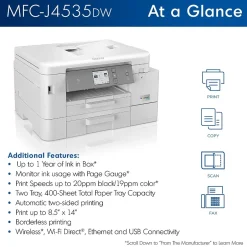 Color Printers<Brother INKvestment Tank MFC-J4535DW Wireless Color Inkjet Printer, All-In-One Supertank, Print, Scan, Copy, Fax