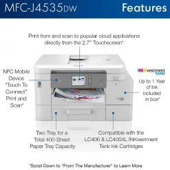 Color Printers<Brother INKvestment Tank MFC-J4535DW Wireless Color Inkjet Printer, All-In-One Supertank, Print, Scan, Copy, Fax