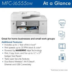 All-In-One Printers<Brother INKvestment Tank MFC-J6555DW Wireless Color Inkjet Printer, All-In-One Supertank, Print, Scan, Copy, Fax