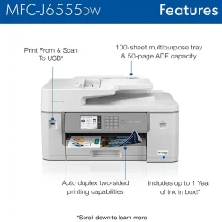 All-In-One Printers<Brother INKvestment Tank MFC-J6555DW Wireless Color Inkjet Printer, All-In-One Supertank, Print, Scan, Copy, Fax