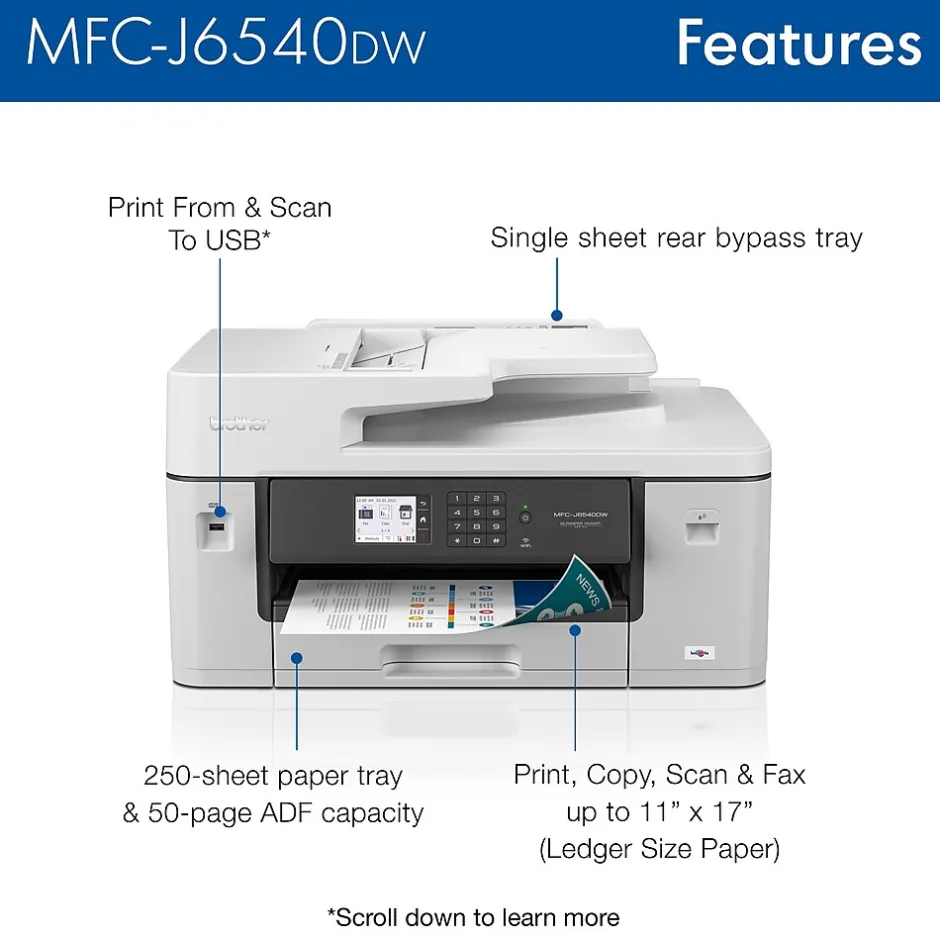 Color Printers<Brother MFC-J6540DW Color Inkjet All-in-One Print, Copy, Scan, Fax up to 11”x17” (Ledger) Size Paper
