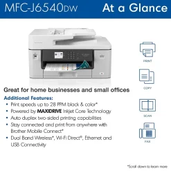 Color Printers<Brother MFC-J6540DW Color Inkjet All-in-One Print, Copy, Scan, Fax up to 11”x17” (Ledger) Size Paper