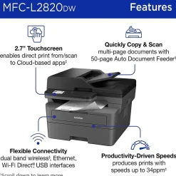 All-In-One Printers<Brother MFC-L2820DW Compact Wireless Black & White Printer, All-In-One, Print, Scan, Copy, Fax, Refresh Subscription Ready
