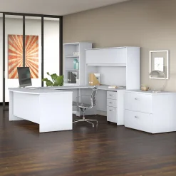 New Studio C 72W x 36D U Shaped Desk with Hutch, Bookcase and File Cabinets, (STC001WHSU) Computer Desks