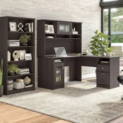 Online Cabot 60"W L Shaped Computer Desk with Hutch and 5 Shelf Bookcase, (CAB011HRG) L-Desks