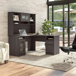 Discount Cabot 60"W L Shaped Computer Desk with Hutch and Storage, (CAB001HRG) L-Desks