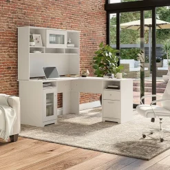 Clearance Cabot 60"W L Shaped Computer Desk with Hutch and Storage, (CAB001WHN) Computer Desks