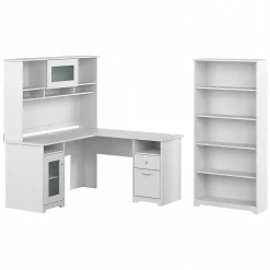 Discount Cabot 60"W L Shaped Computer Desk with Hutch and 5 Shelf Bookcase, (CAB011WHN) L-Desks