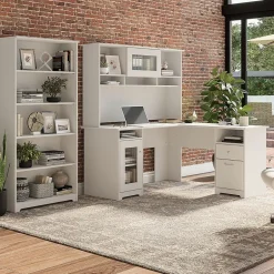 Discount Cabot 60"W L Shaped Computer Desk with Hutch and 5 Shelf Bookcase, (CAB011WHN) L-Desks