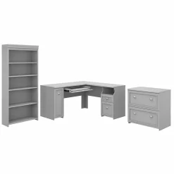Hot Fairview 60"W L Shaped Desk with Lateral File Cabinet and 5 Shelf Bookcase, (FV008CG) L-Desks