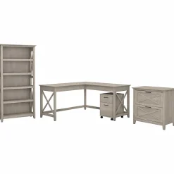 Best Key West 60"W L Shaped Desk with File Cabinets and 5 Shelf Bookcase, Washed Gray (KWS017WG) L-Desks
