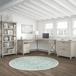 Best Key West 60"W L Shaped Desk with File Cabinets and 5 Shelf Bookcase, Washed Gray (KWS017WG) L-Desks