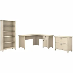 Best Salinas 60"W L Shaped Desk with Lateral File Cabinet and 5 Shelf Bookcase, (SAL003AW) Office Desks