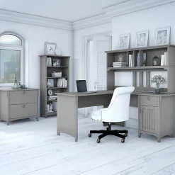Outlet Salinas 60"W L Shaped Desk with Hutch, Lateral File Cabinet and 5 Shelf Bookcase, (SAL007CG) L-Desks