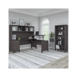Somerset 72"W 3 Position Sit to Stand L Shaped Desk with Hutch and Bookcase, (SET017SG) L-Desks