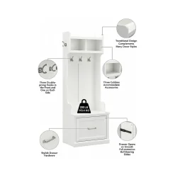 Woodland Full Entryway Storage Set with Coat Rack and Shoe Bench with Drawers, White Ash (WDL014WAS) Storage Cabinets