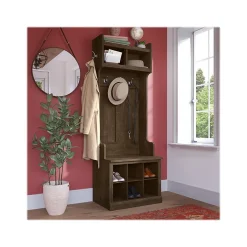 Hot Woodland 24W Hall Tree and Small Shoe Bench with Shelves, Ash Brown (WDL008ABR) Storage Cabinets