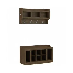 Discount Woodland 40W Shoe Storage Bench with Shelves and Wall Mounted Coat Rack, Ash Brown (WDL004ABR) Storage Cabinets