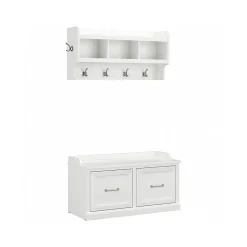 Outlet Woodland 40W Shoe Storage Bench with Doors and Wall Mounted Coat Rack, White Ash (WDL003WAS) Storage Cabinets