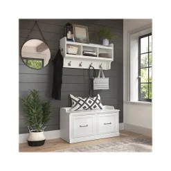 Outlet Woodland 40W Shoe Storage Bench with Doors and Wall Mounted Coat Rack, White Ash (WDL003WAS) Storage Cabinets