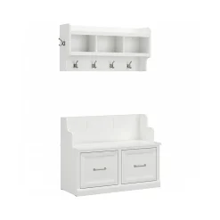 Clearance Woodland 40W Entryway Bench with Doors and Wall Mounted Coat Rack, White Ash (WDL009WAS) Storage Cabinets