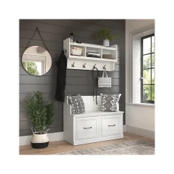 Clearance Woodland 40W Entryway Bench with Doors and Wall Mounted Coat Rack, White Ash (WDL009WAS) Storage Cabinets