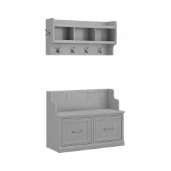 Woodland 40W Entryway Bench with Doors and Wall Mounted Coat Rack, Cape Cod Gray (WDL009CG) Storage Cabinets