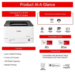 Black & White Printers<Canon imageCLASS LBP172dw Wireless Black & White Laser Printer, Single-Function, Print (6353C004)