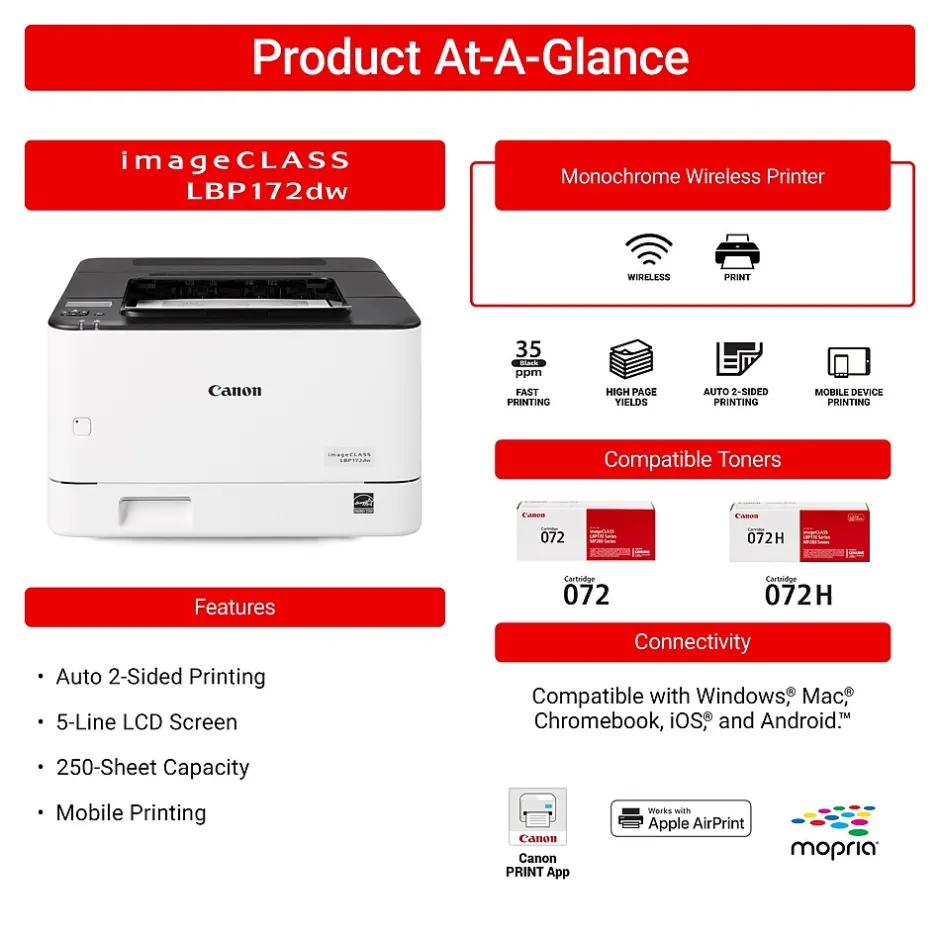 Black & White Printers<Canon imageCLASS LBP172dw Wireless Black & White Laser Printer, Single-Function, Print (6353C004)