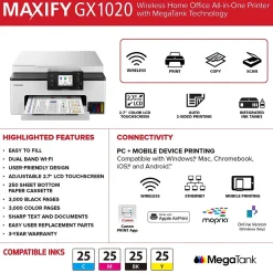Color Printers<Canon MAXIFY GX1020 Wireless Color Inkjet Printer, All-In-One Supertank, Print, Scan, Copy (GX1020)