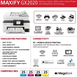 Color Printers<Canon MAXIFY GX2020 Wireless Color Inkjet Printer, All-In-One, Print, Scan, Copy, Fax (GX2020)
