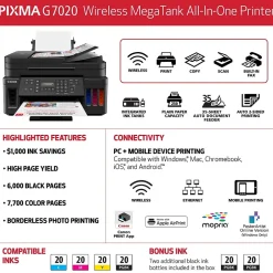 Color Printers<Canon MegaTank PIXMA G7020 Wireless Color Inkjet Printer, All-In-One Supertank, Print, Scan, Copy, Fax (3114C002)