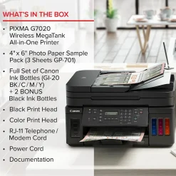 Color Printers<Canon MegaTank PIXMA G7020 Wireless Color Inkjet Printer, All-In-One Supertank, Print, Scan, Copy, Fax (3114C002)