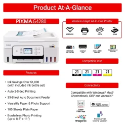 Color Printers<Canon PIXMA G4280 MegaTank Wireless Color Inkjet Printer, All-In-One, Print, Scan, Copy (6704C022)